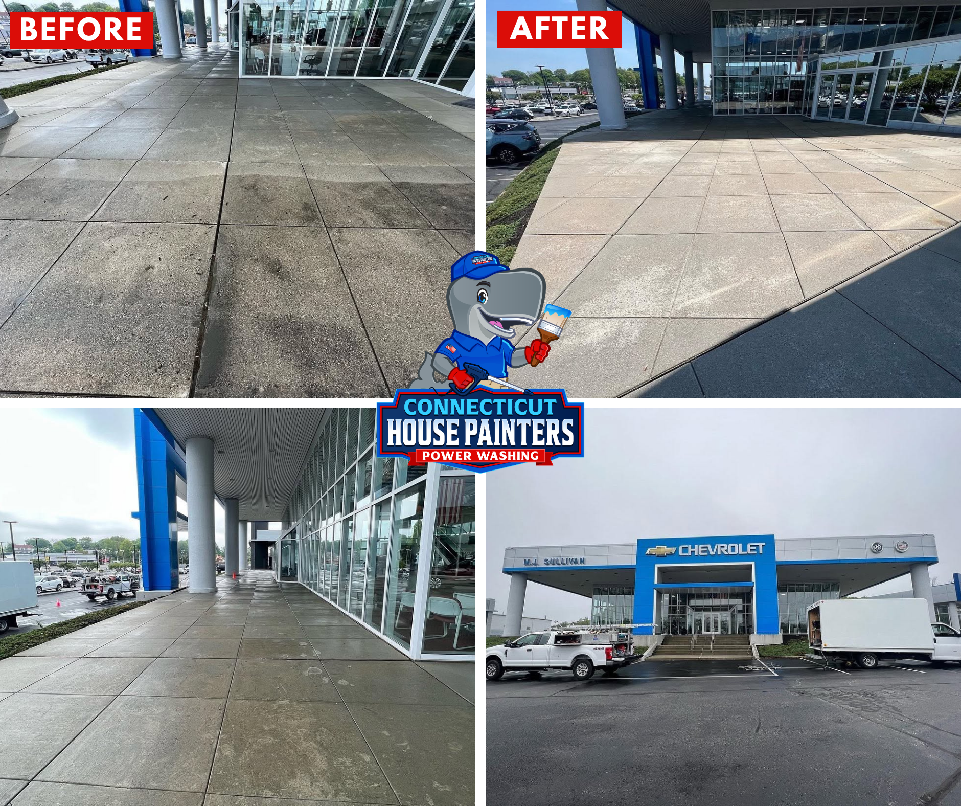 Commercial concrete floor pressure cleaning at a New London auto dealership